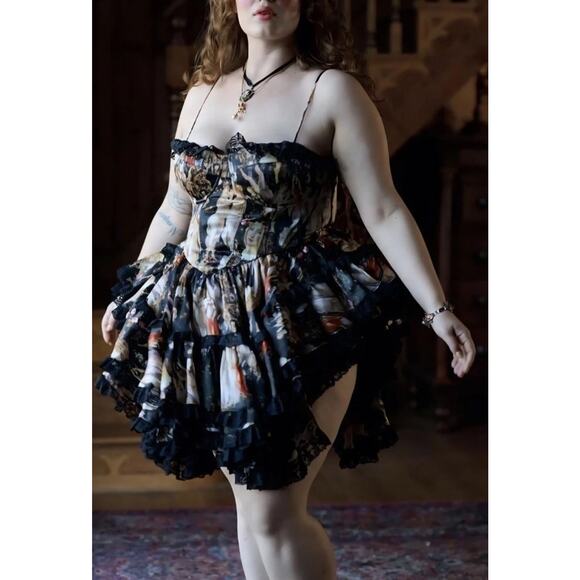 NWT Selkie Primavera Liaisons Mini Dress 2XL Silk-Feel Art Print Ruffle Hem - Picture 3 of 11